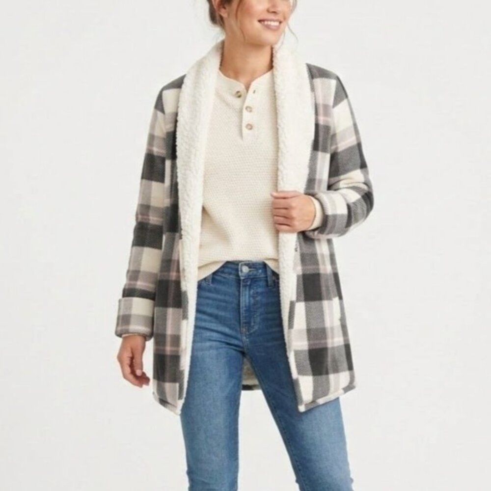 Abercrombie & Fitch Size XS Black White Plaid Sherpa Lined Open Cardigan Jacket